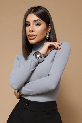 Blusa Gola Alta Manga Longa Basic Canelado Rib Twins Valéria Cinza Claro