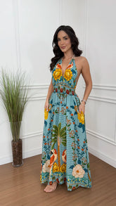 Vestido Tropical Frente Única Azul