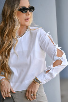 Blusa Manga Longa Gola Careca Detalhe Laço Tricoline Betina